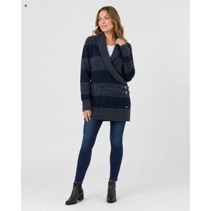 Guess Sweater Womens Small Black Grey Stripe Shawl Collar Buckle Detail Cotton